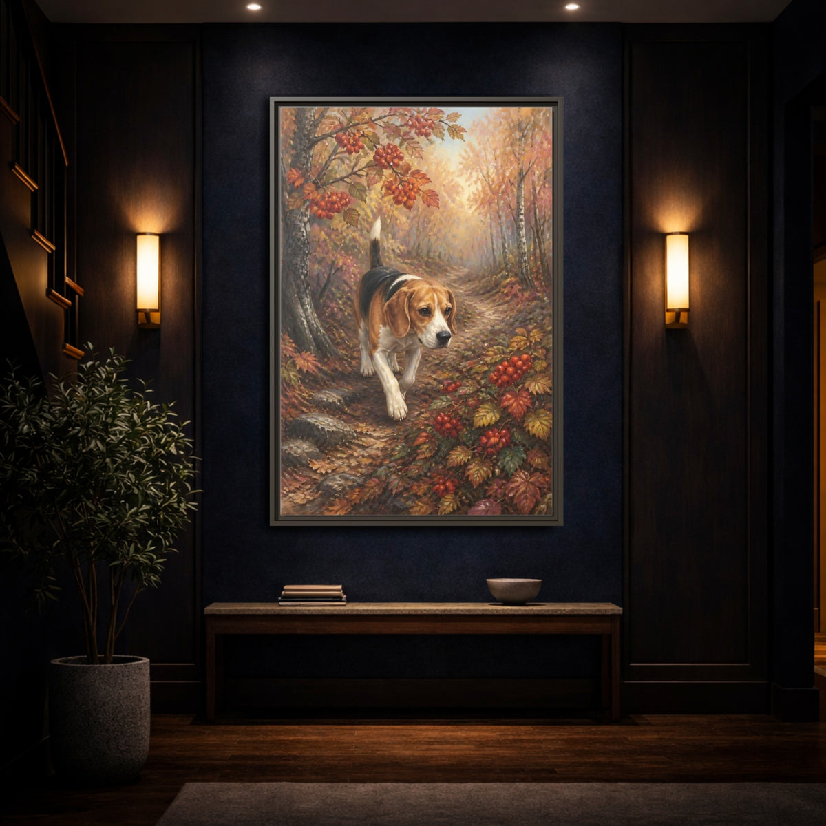 Mockup 4. Beagle On Autumn Path shown as framed canvas print