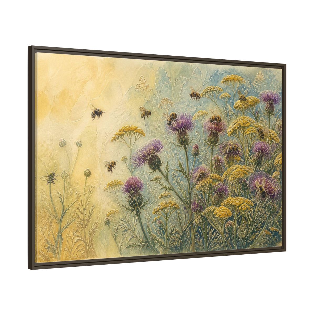 Side Mockup 8. Bees In Nature Meadow shown as framed canvas print