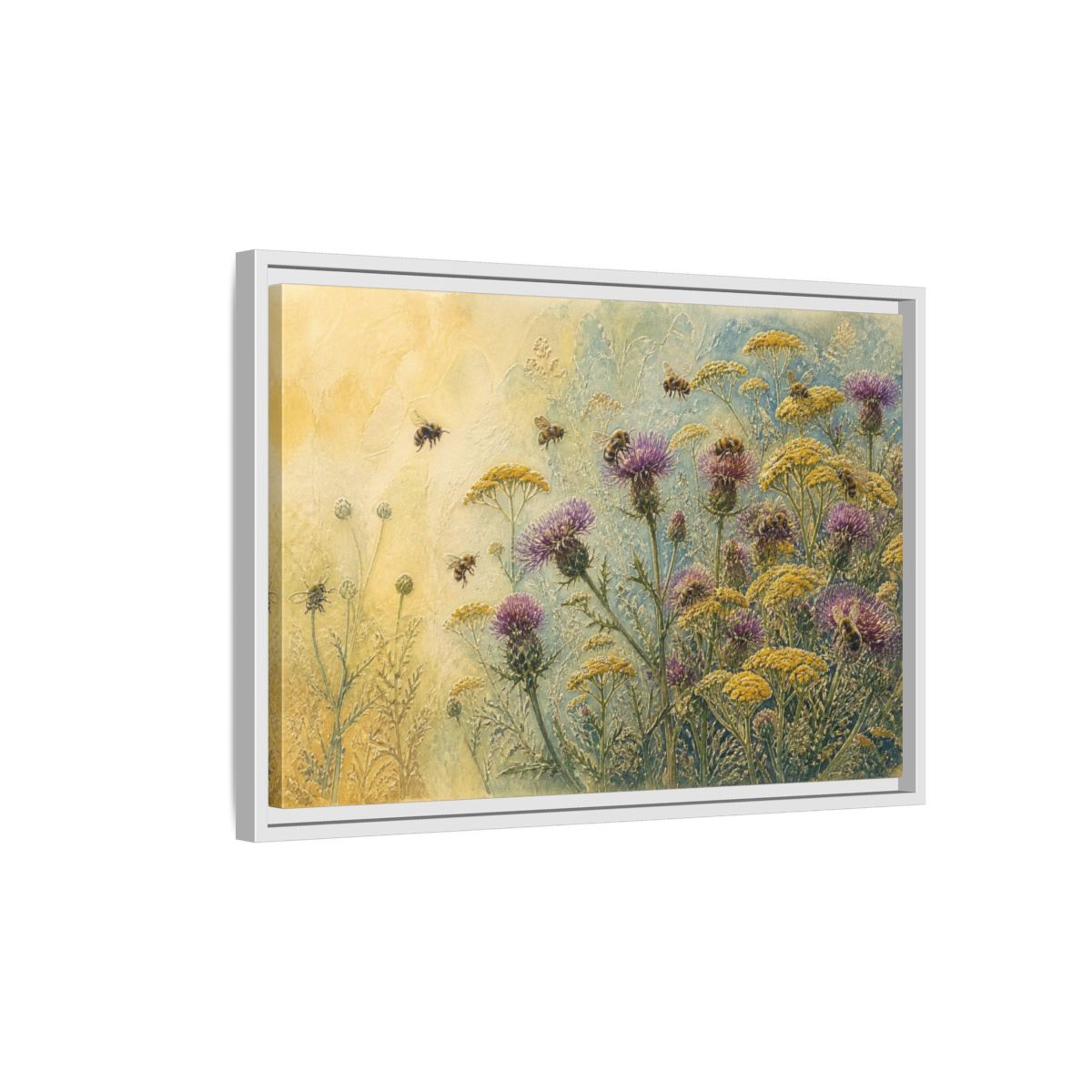 Side Mockup 1. Bees In Nature Meadow shown as framed canvas print