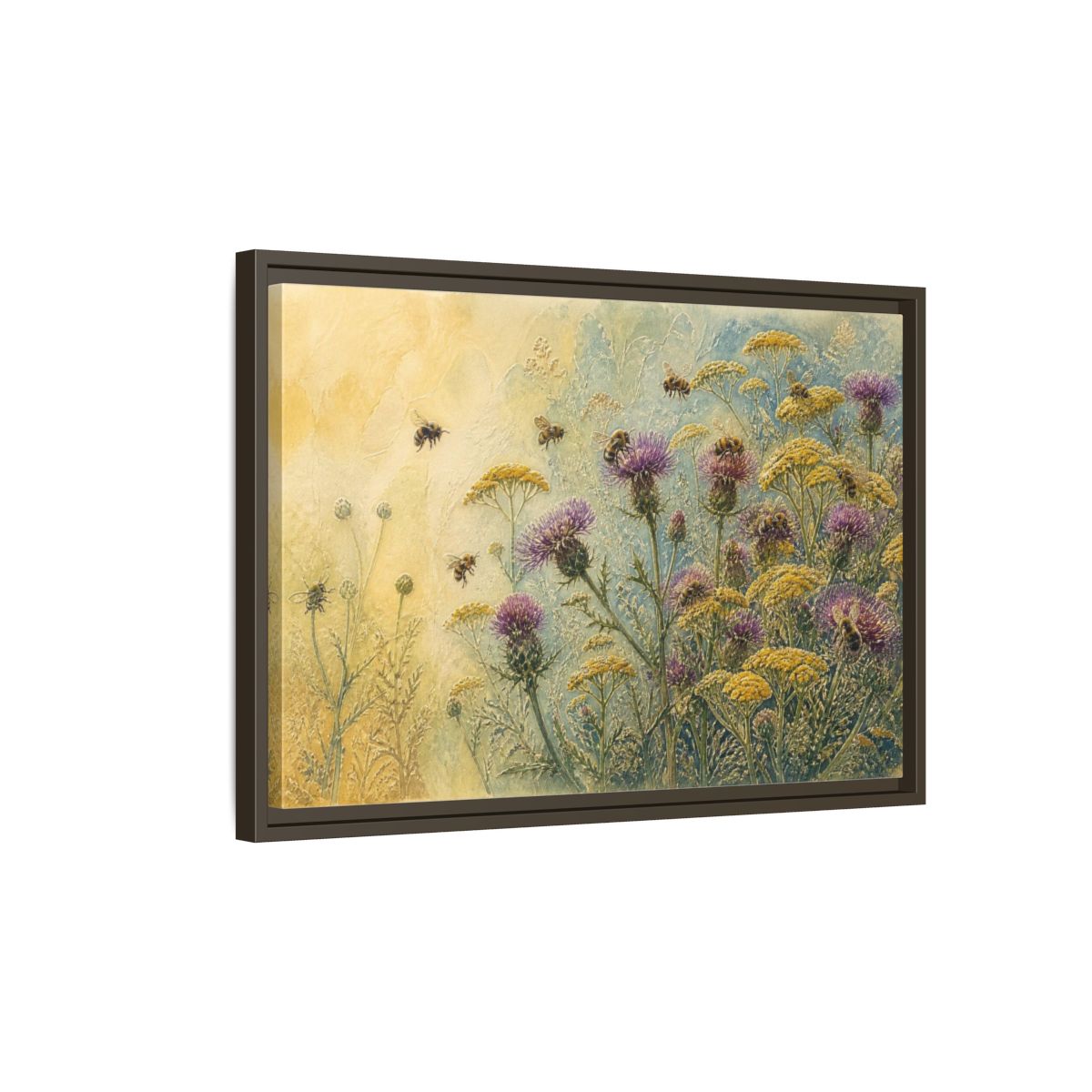Side Mockup 2. Bees In Nature Meadow shown as framed canvas print