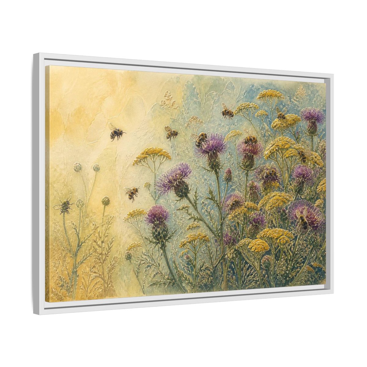 Side Mockup 10. Bees In Nature Meadow shown as framed canvas print