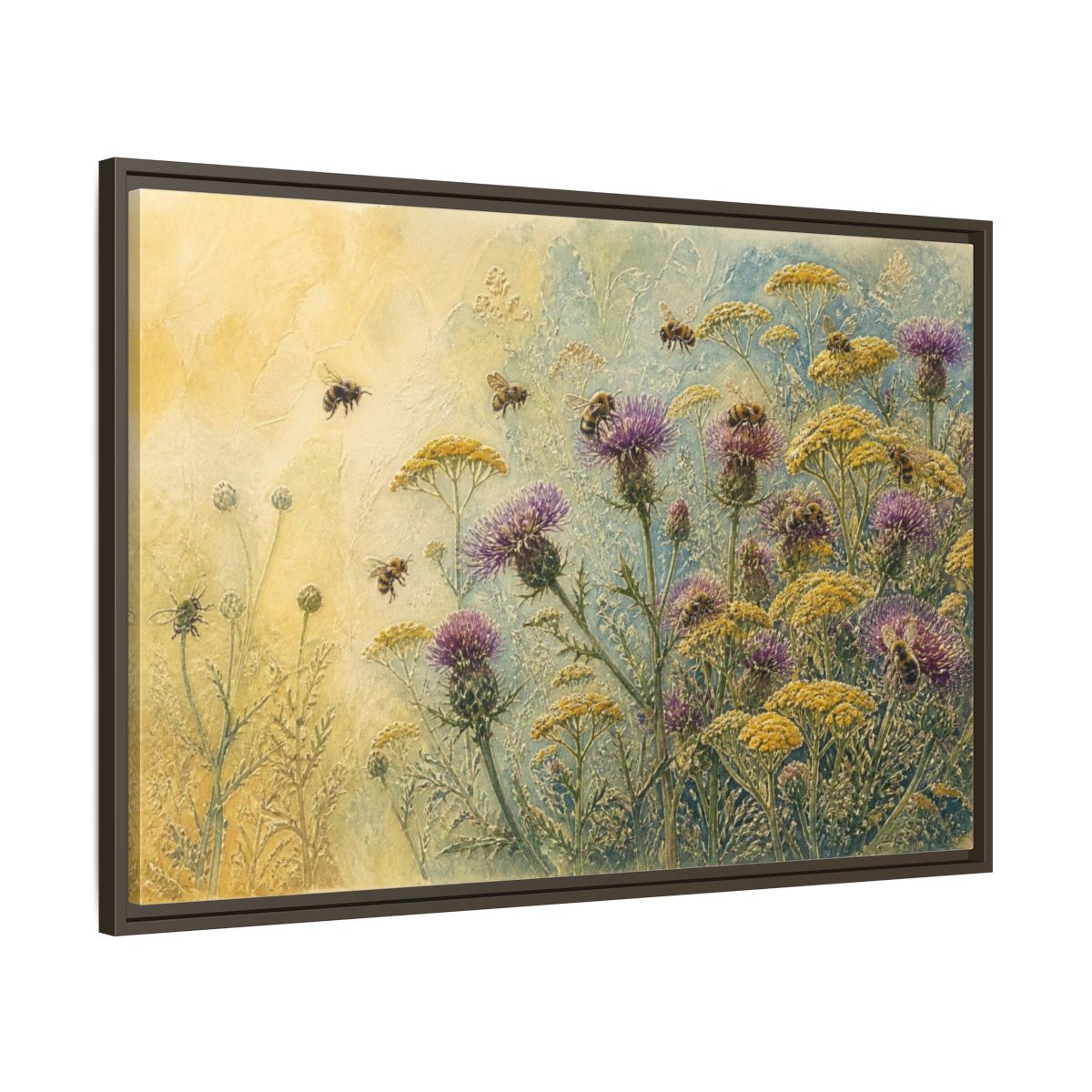 Main Mockup. Bees In Nature Meadow shown as framed canvas print