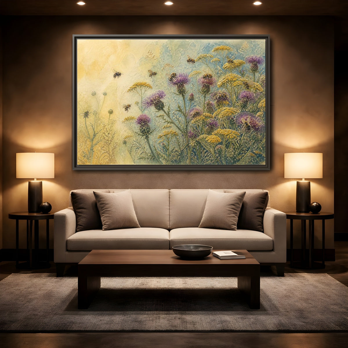 Mockup 2. Bees In Nature Meadow shown as framed canvas print