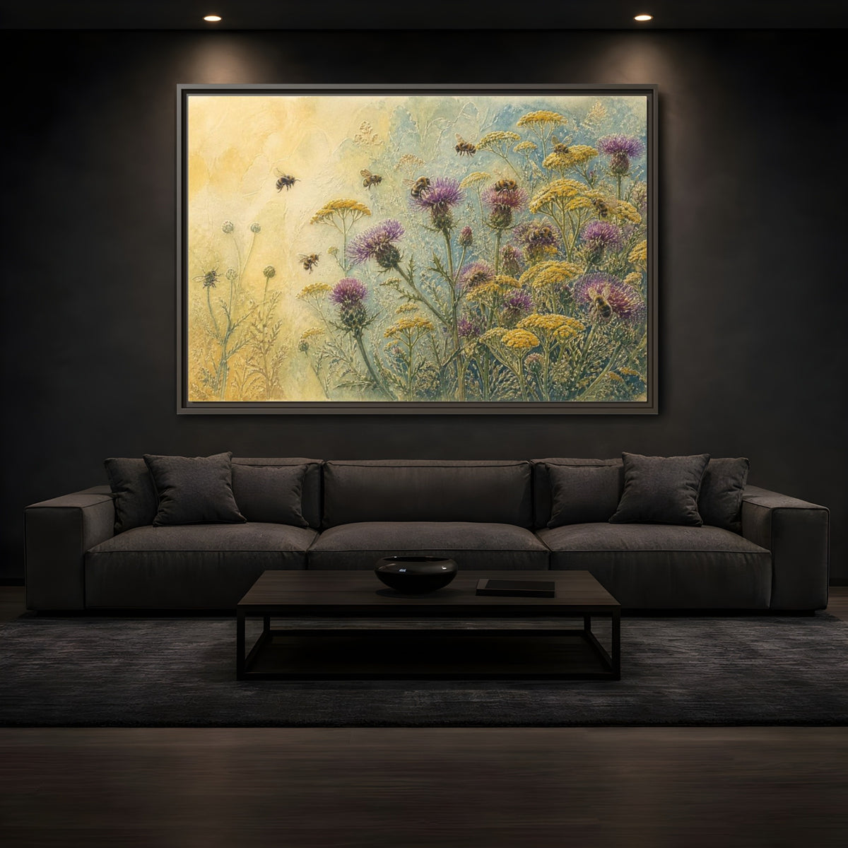 Mockup 3. Bees In Nature Meadow shown as framed canvas print