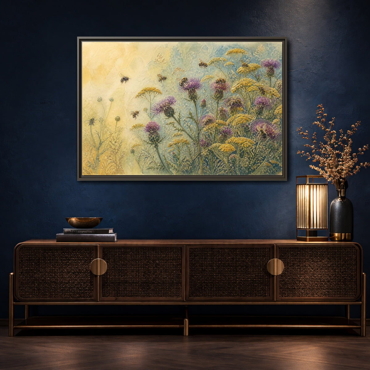 Mockup 4. Bees In Nature Meadow shown as framed canvas print