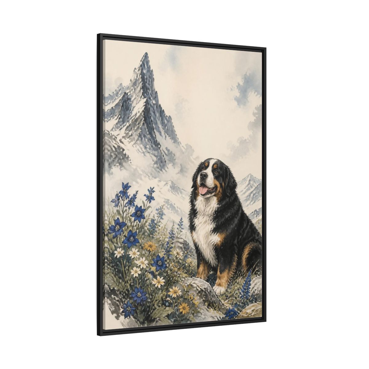 Side Mockup 12. Bernese Pet Portrait shown as framed canvas print