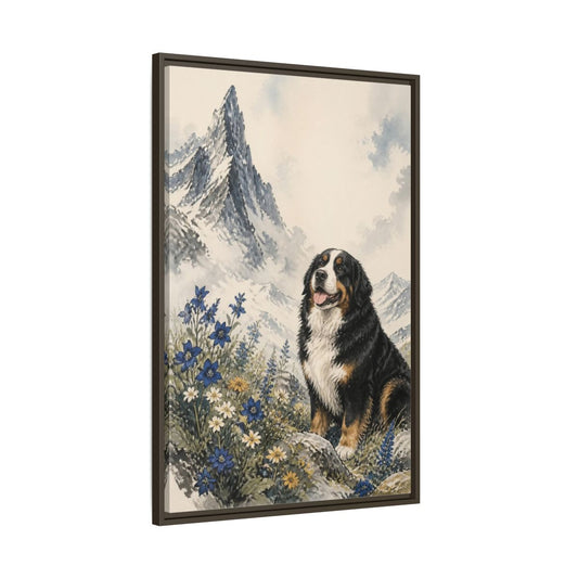 Main Mockup. Bernese Pet Portrait shown as framed canvas print