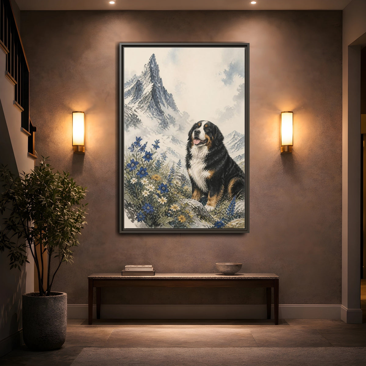 Mockup 2. Bernese Pet Portrait shown as framed canvas print