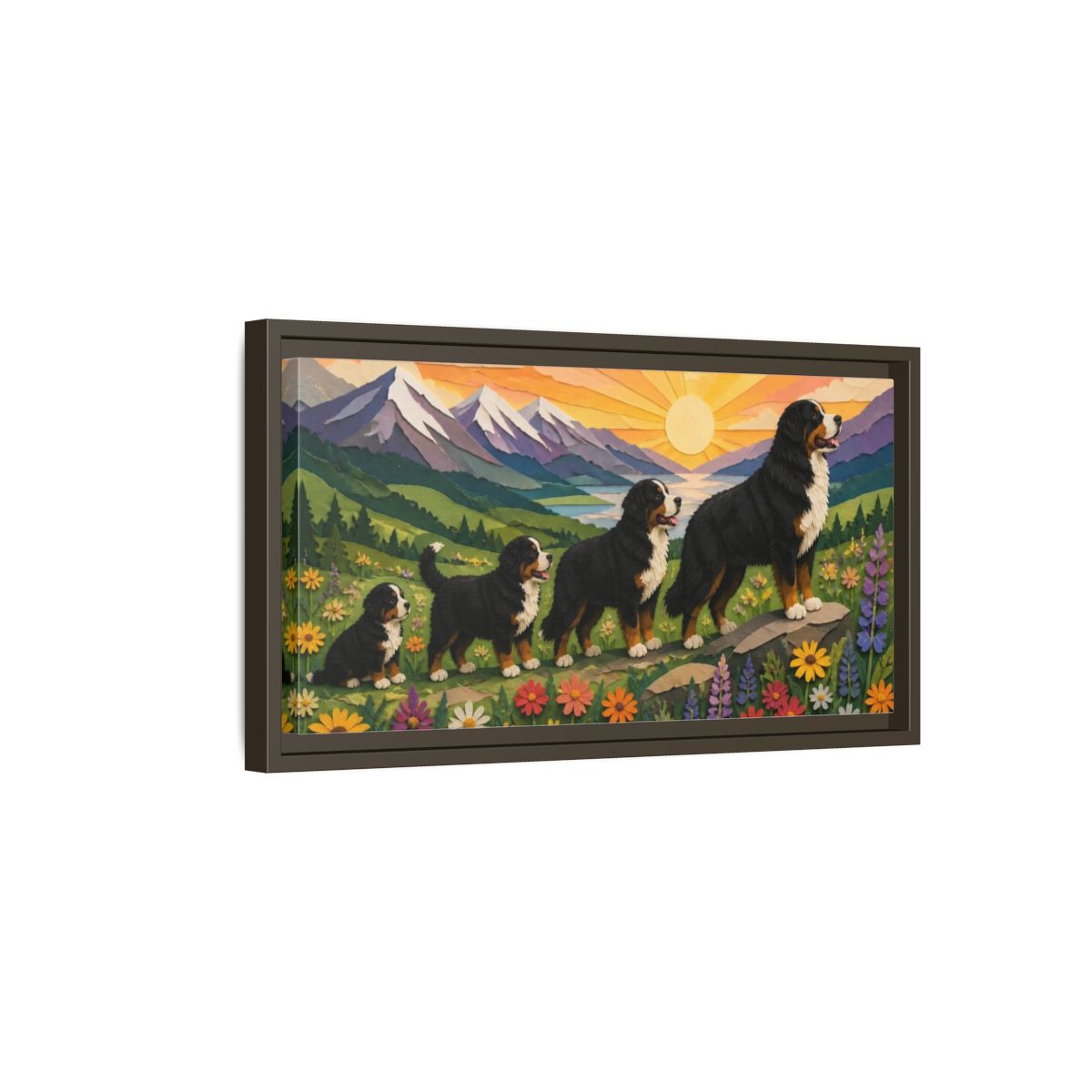 Side Mockup 7. Bernese Pets At Sunrise shown as framed canvas print