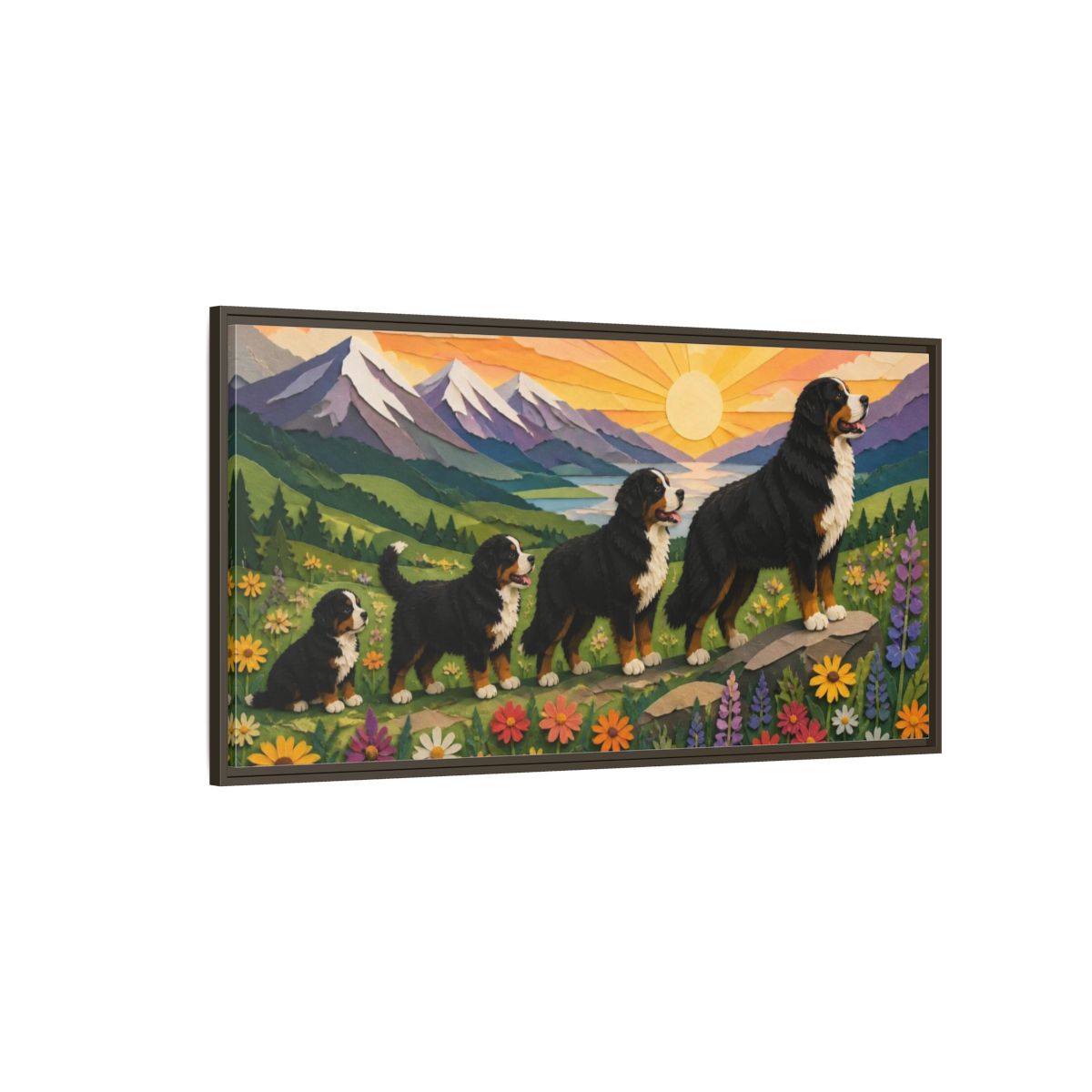 Side Mockup 4. Bernese Pets At Sunrise shown as framed canvas print