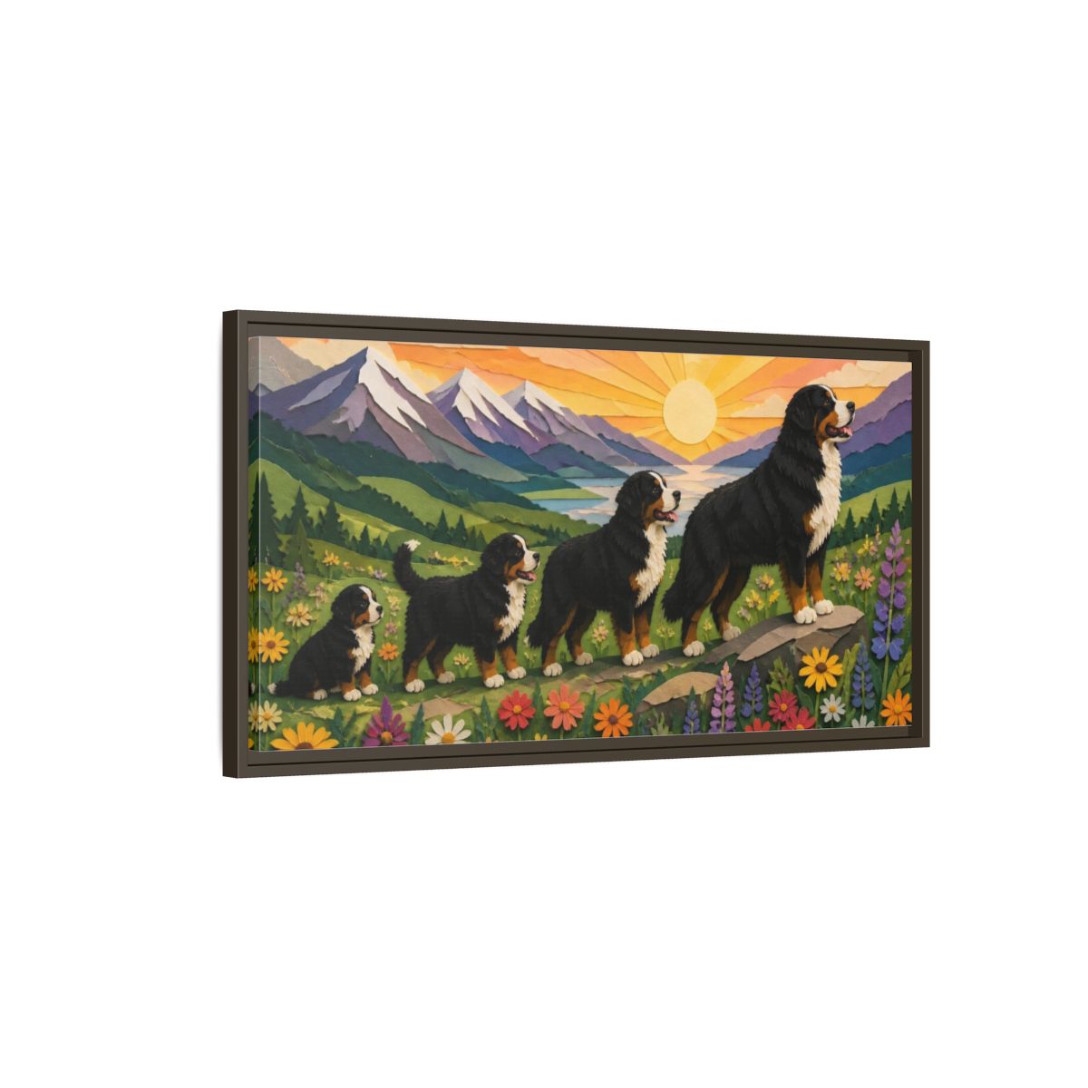 Main Mockup. Bernese Pets At Sunrise shown as framed canvas print