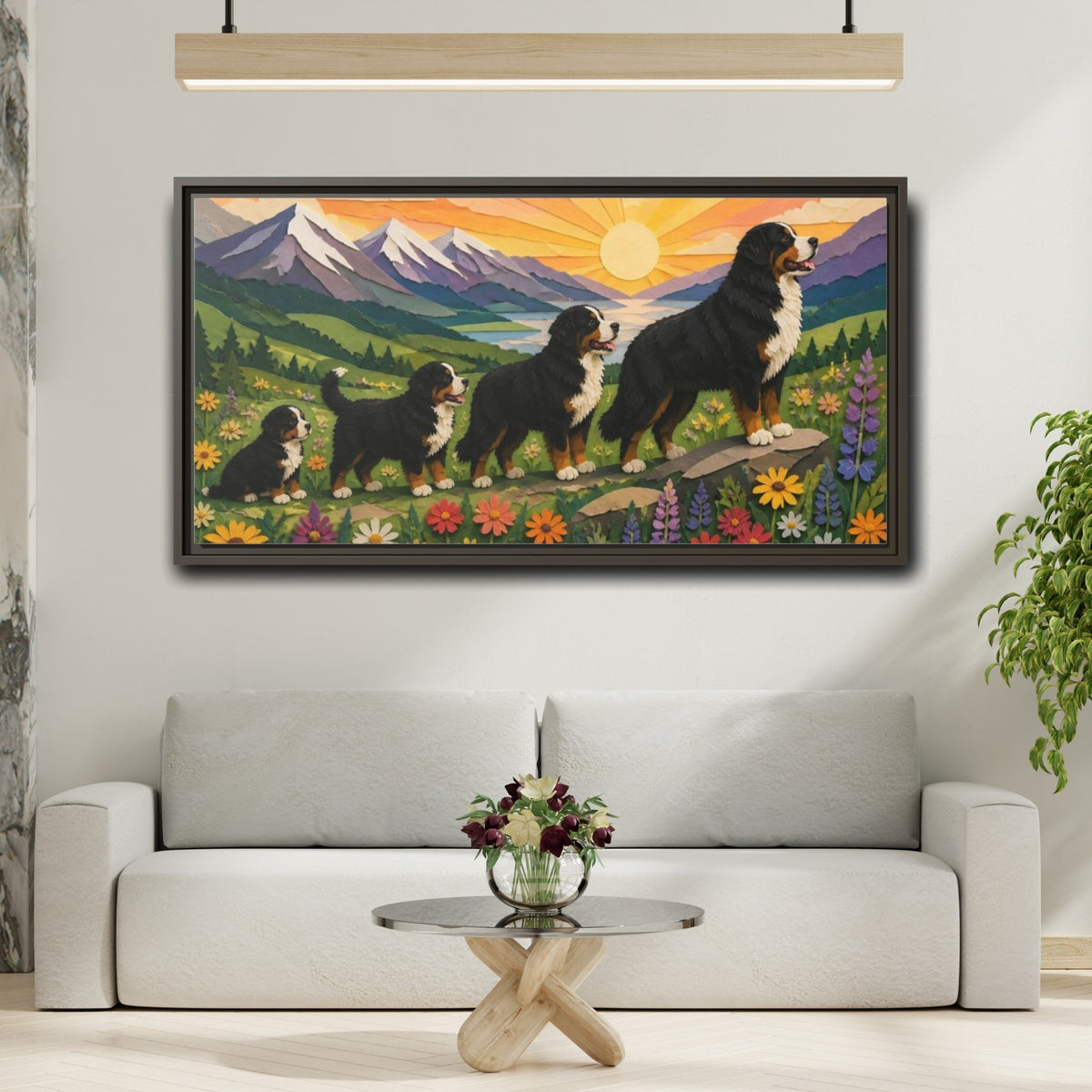 Mockup 2. Bernese Pets At Sunrise shown as framed canvas print