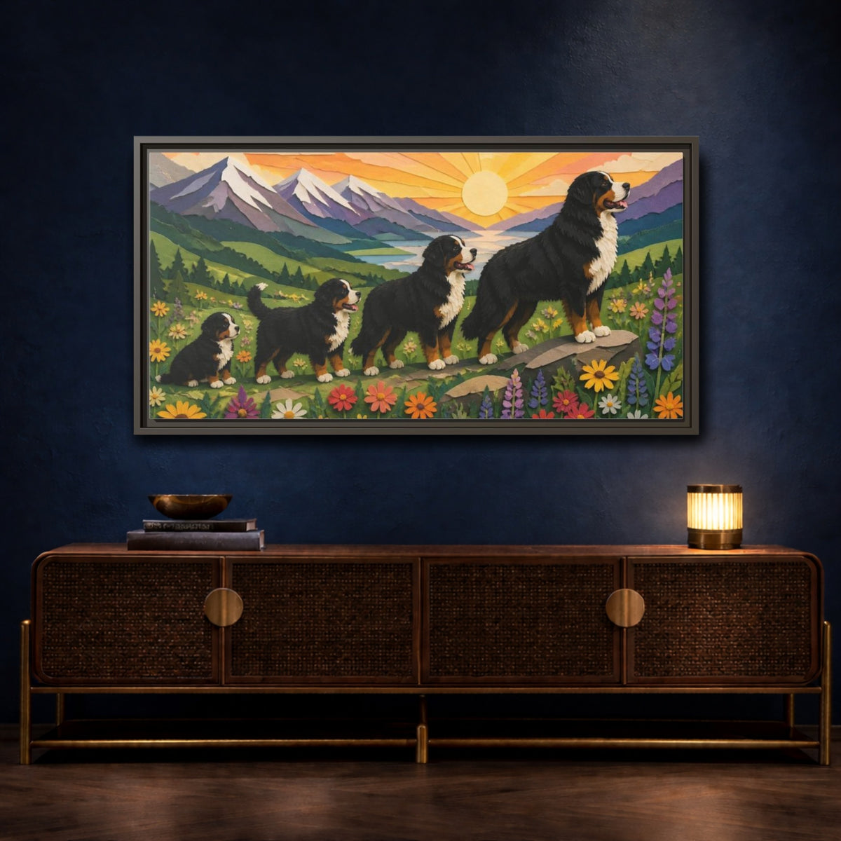 Mockup 4. Bernese Pets At Sunrise shown as framed canvas print