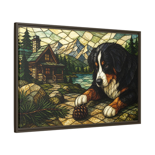 Main Mockup. Bernese Pets Cabin Retreat shown as framed canvas print