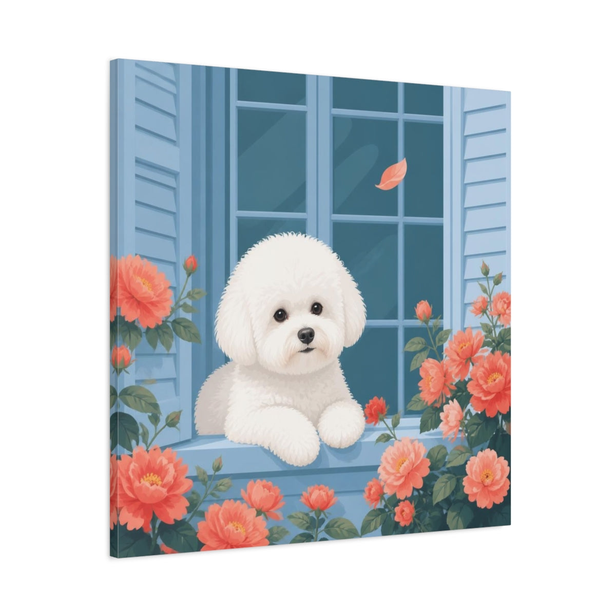 Main Mockup. Bichon Pet At Window shown as canvas print