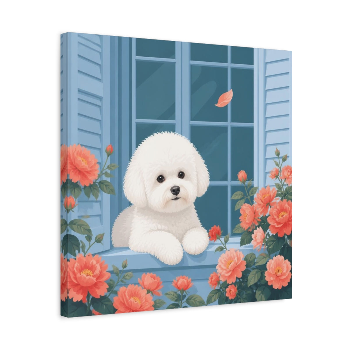 Side Mockup 5. Bichon Pet At Window shown as canvas print
