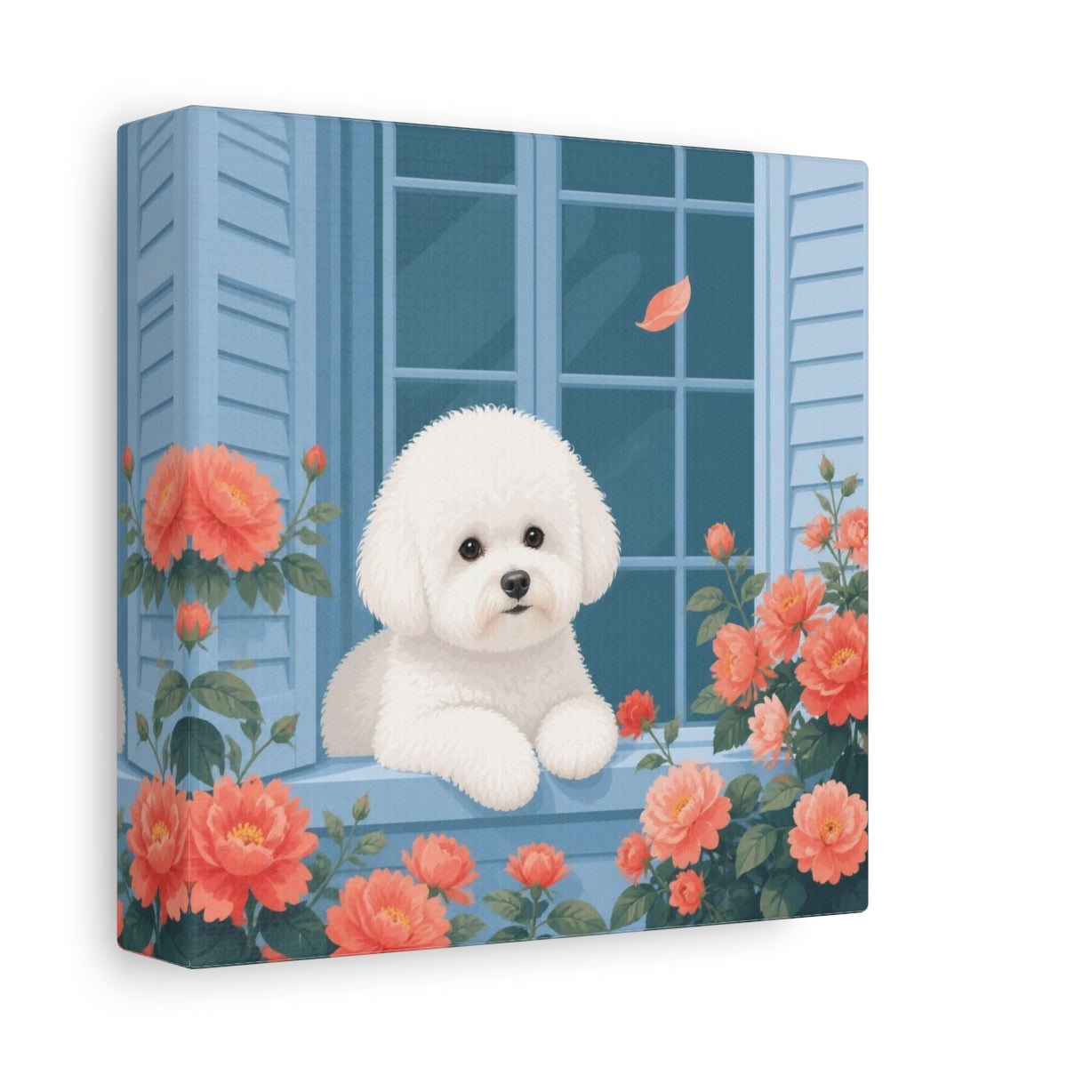Side Mockup 2. Bichon Pet At Window shown as canvas print
