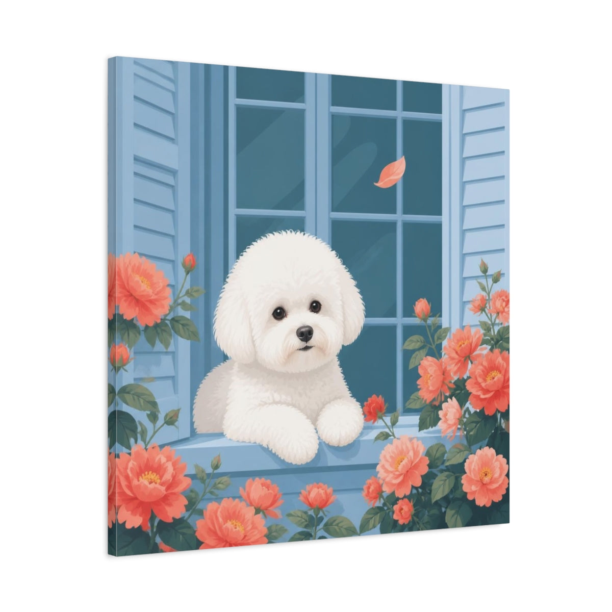 Side Mockup 3. Bichon Pet At Window shown as canvas print