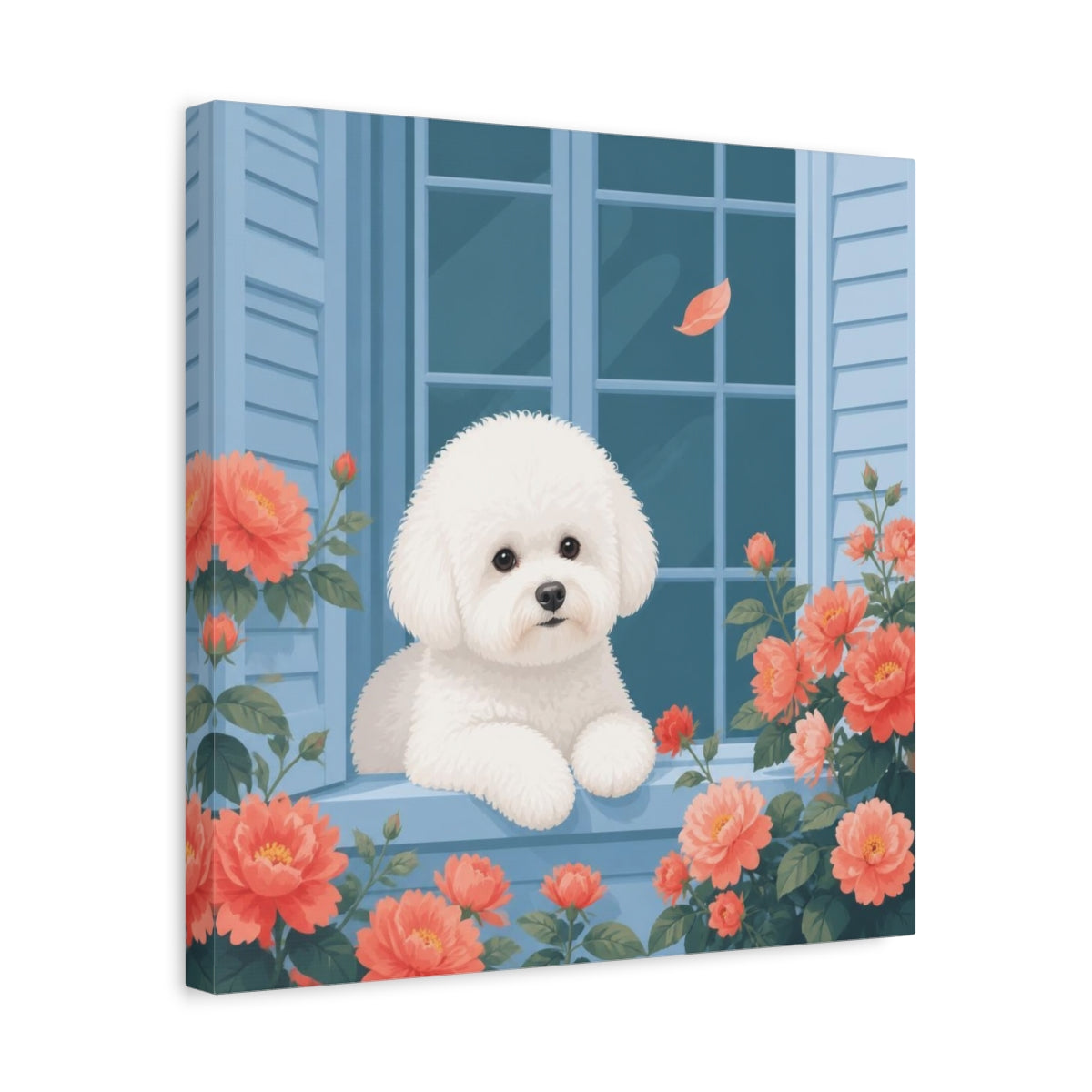 Side Mockup 6. Bichon Pet At Window shown as canvas print