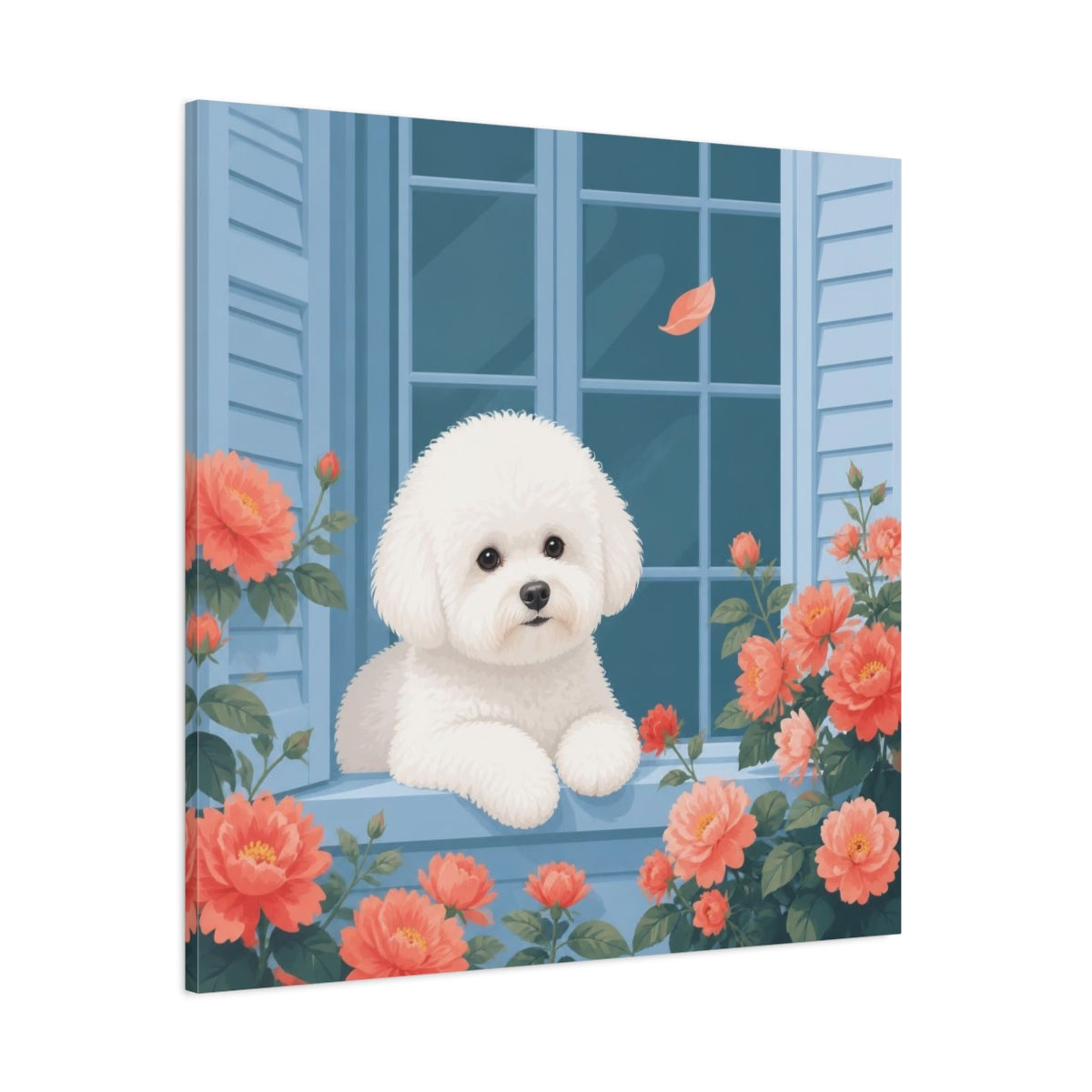 Side Mockup 1. Bichon Pet At Window shown as canvas print