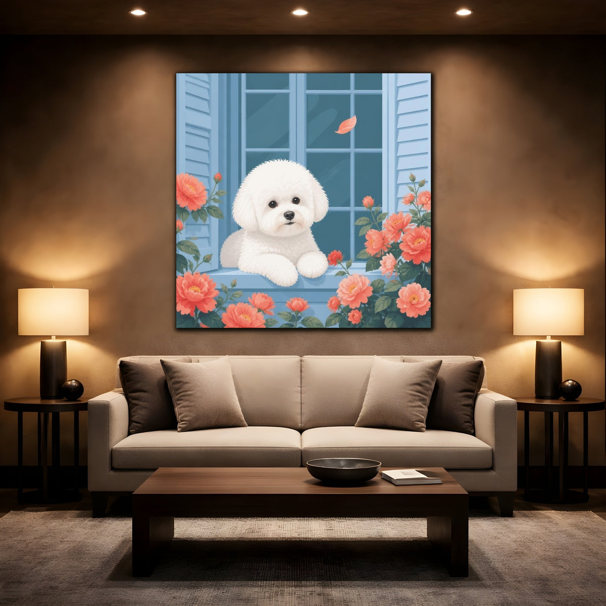 Mockup 2. Bichon Pet At Window shown as canvas print