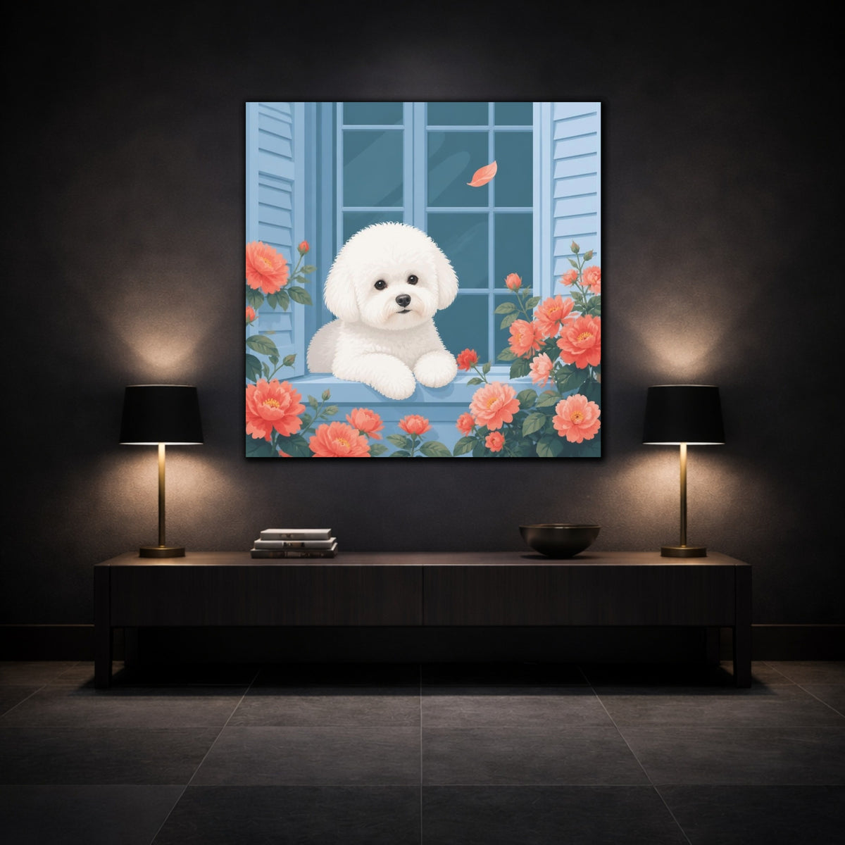 Mockup 3. Bichon Pet At Window shown as canvas print