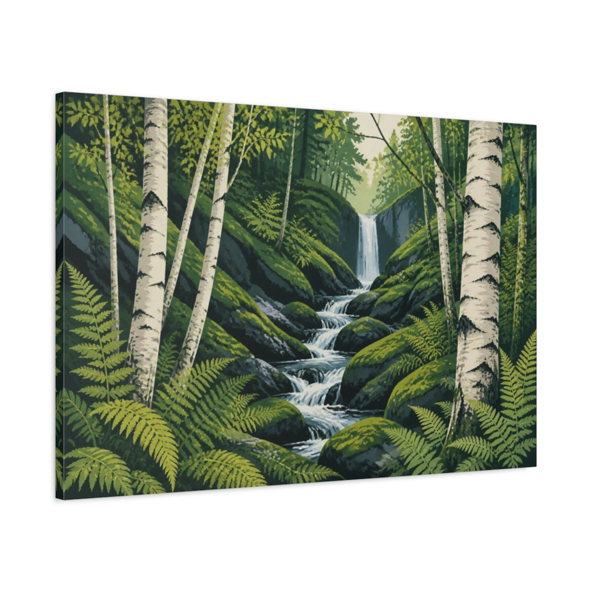 Main Mockup. Birch Trunks Landscape Waterfall shown as canvas print