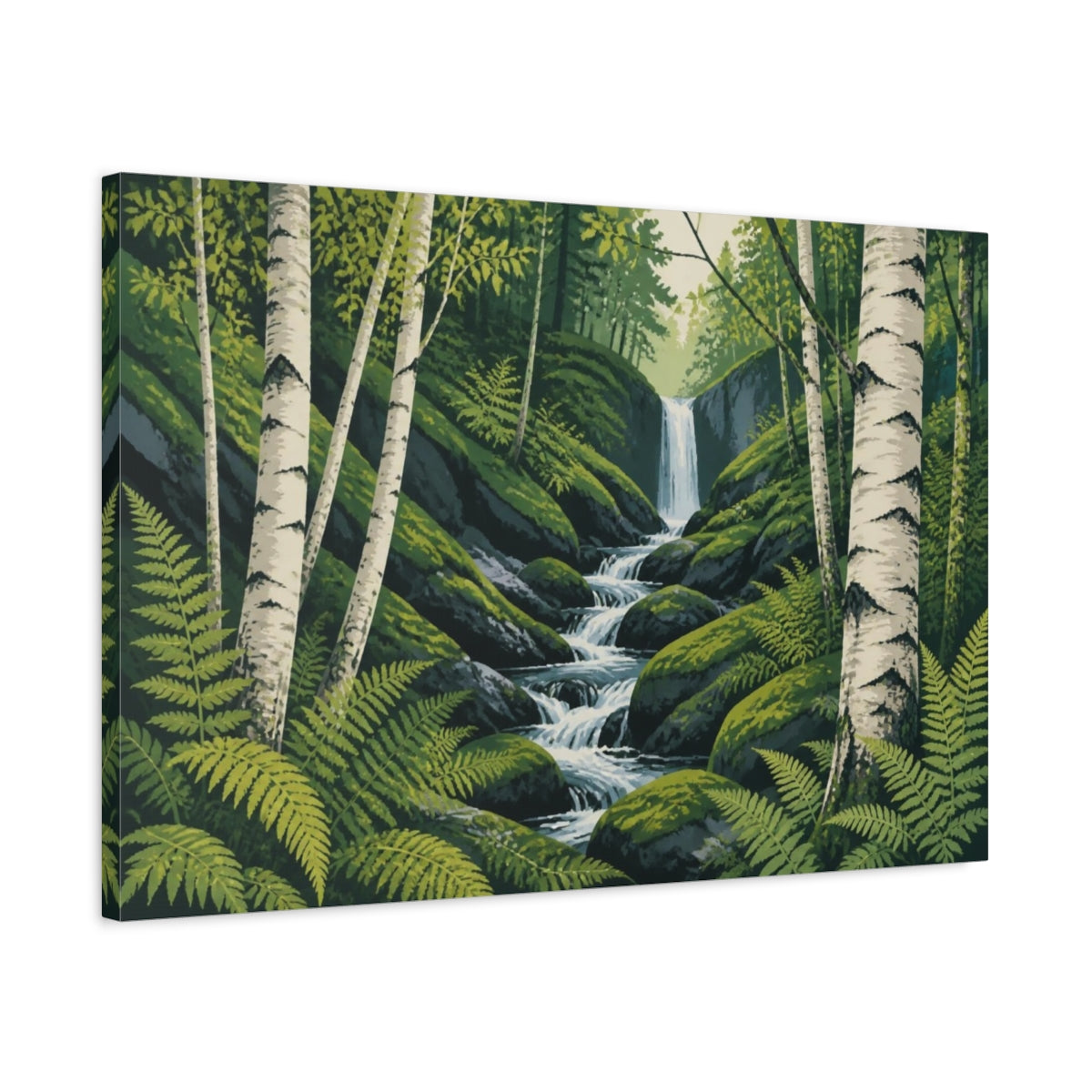 Side Mockup 2. Birch Trunks Landscape Waterfall shown as canvas print