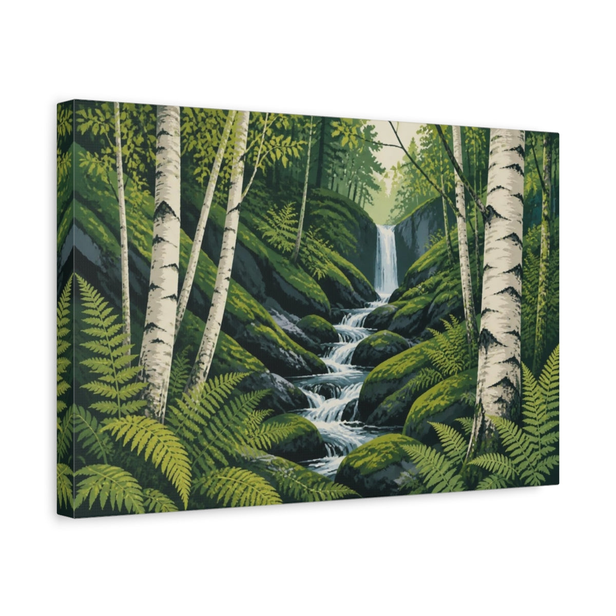 Side Mockup 4. Birch Trunks Landscape Waterfall shown as canvas print