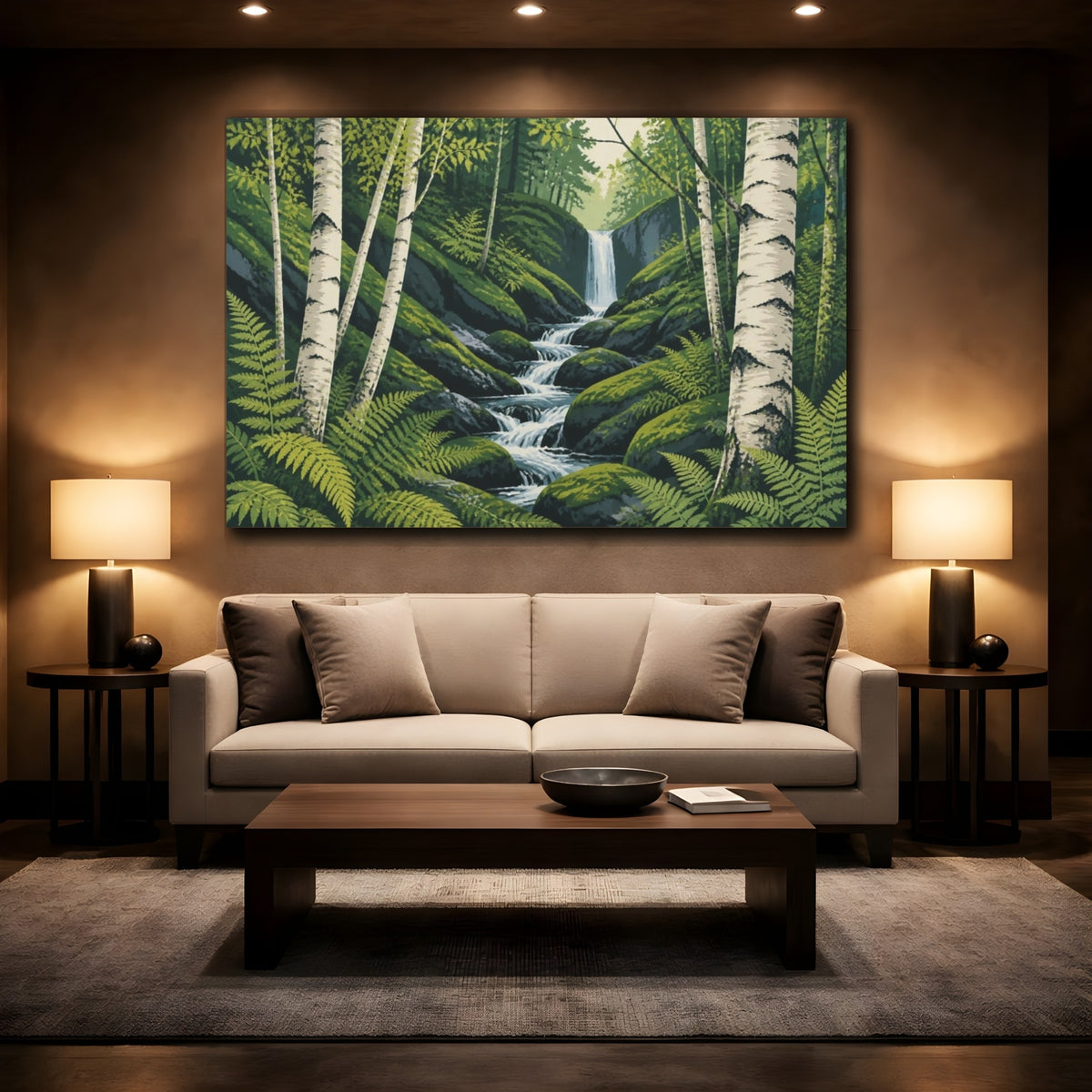 Mockup 2. Birch Trunks Landscape Waterfall shown as canvas print
