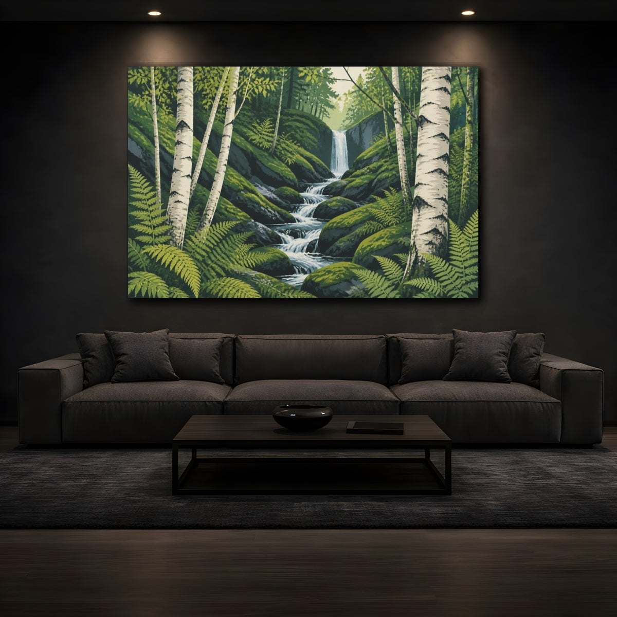 Mockup 3. Birch Trunks Landscape Waterfall shown as canvas print