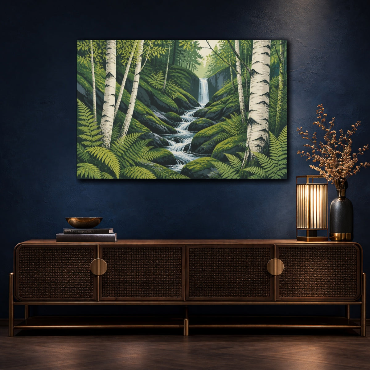 Mockup 4. Birch Trunks Landscape Waterfall shown as canvas print