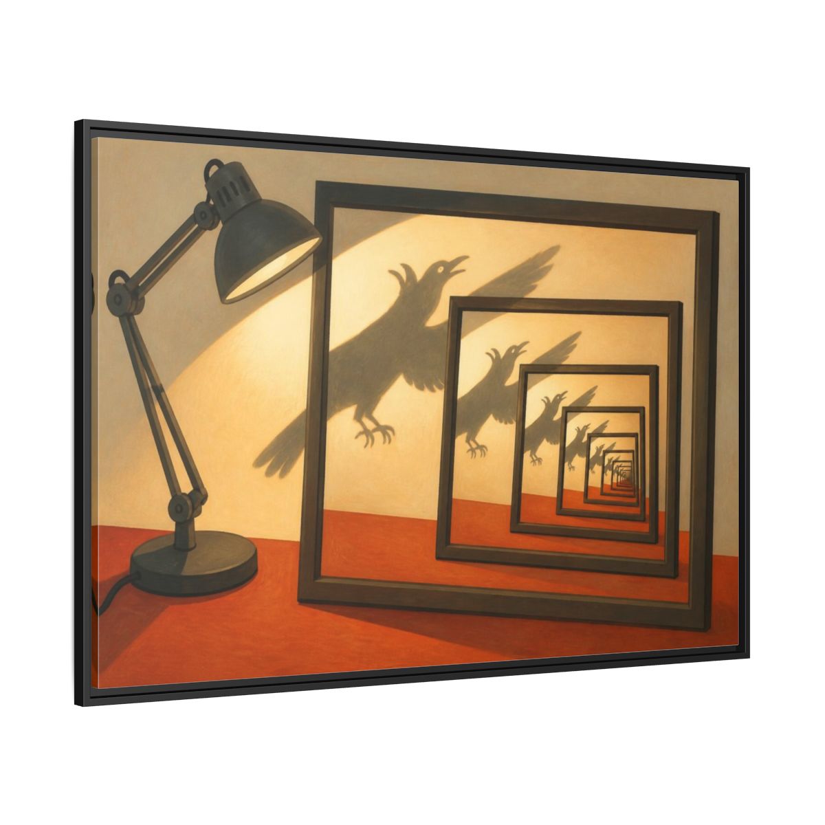 Side Mockup 12. Bird Shadow Illusion shown as framed canvas print
