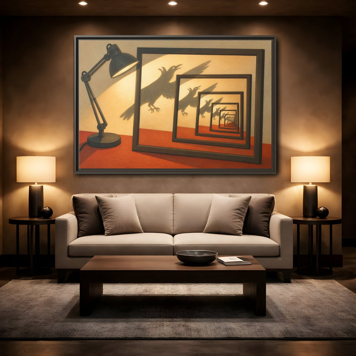 Mockup 2. Bird Shadow Illusion shown as framed canvas print