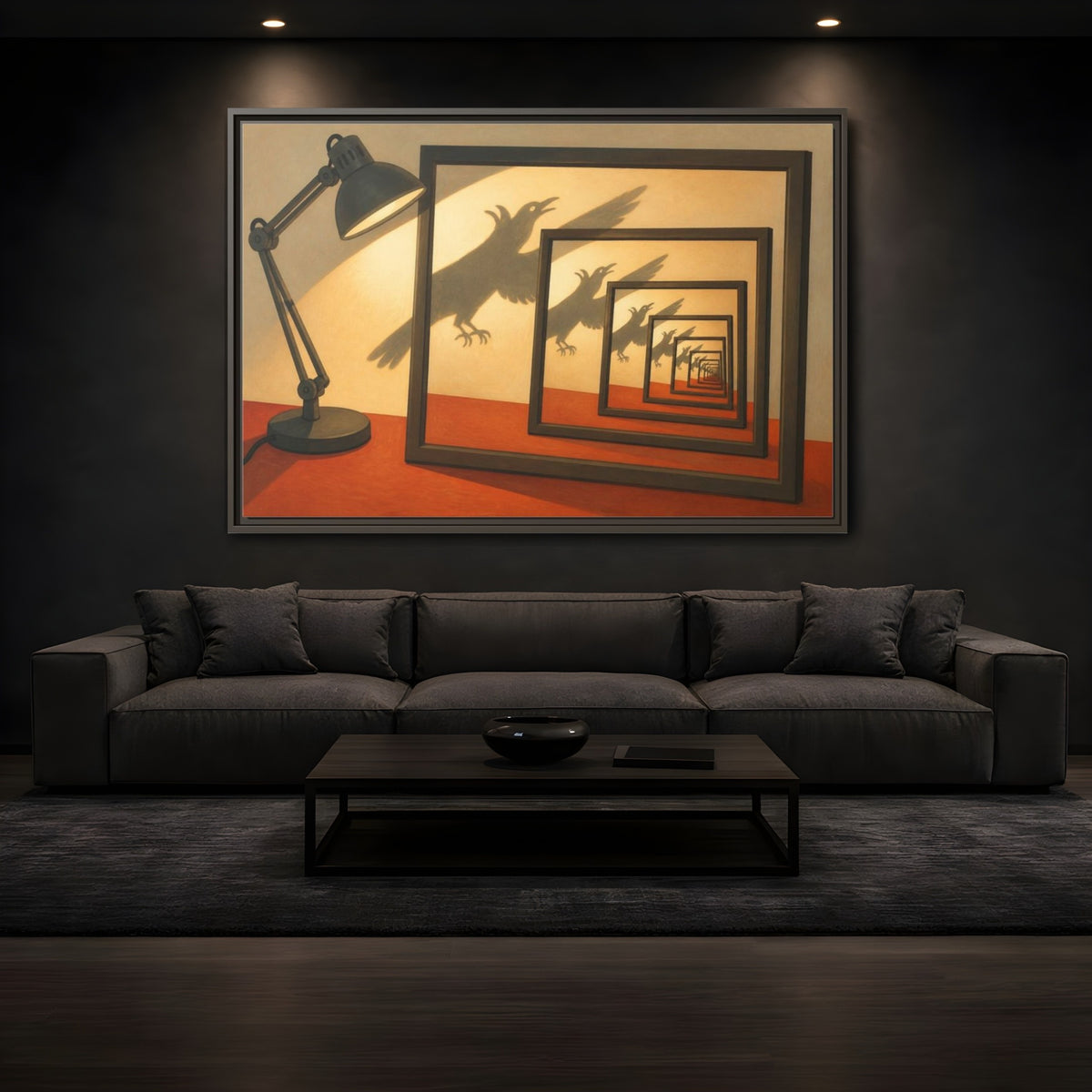 Mockup 3. Bird Shadow Illusion shown as framed canvas print