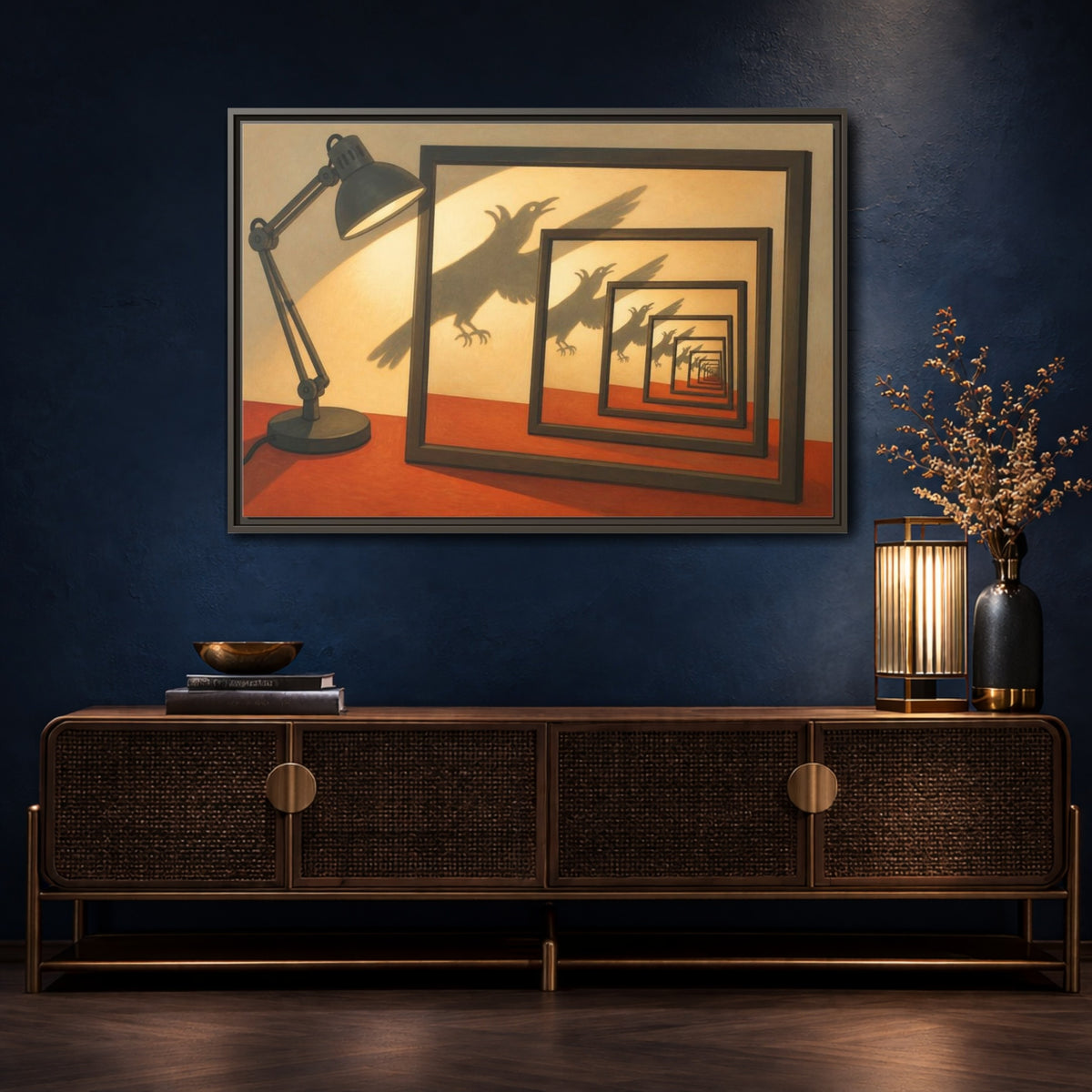 Mockup 4. Bird Shadow Illusion shown as framed canvas print