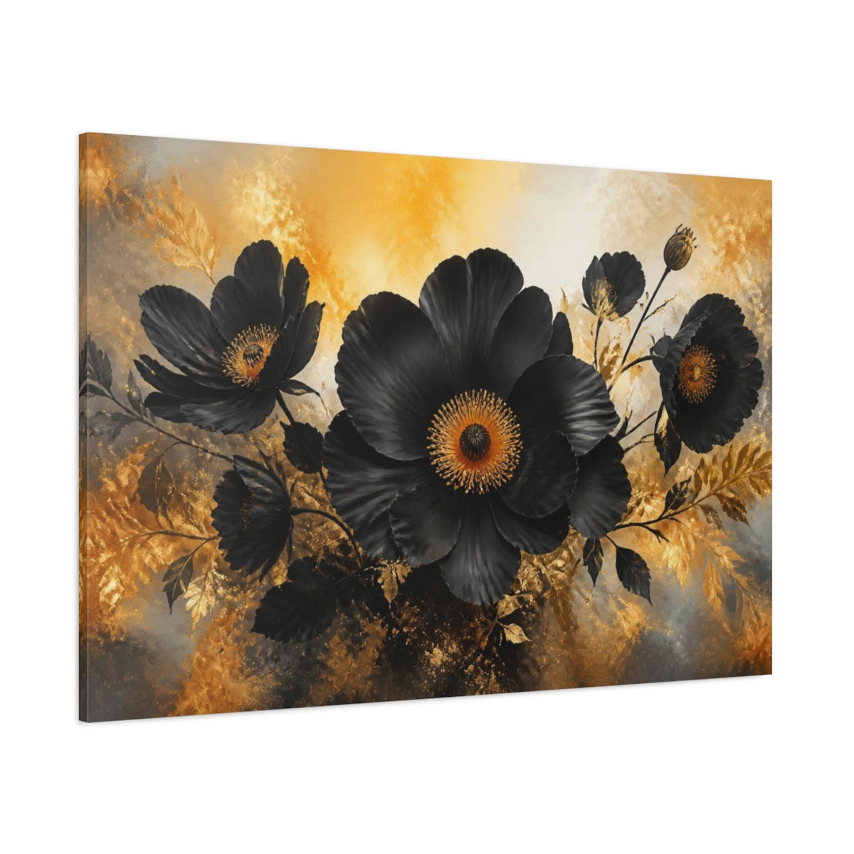 Side Mockup 1. Black Floral Bloom shown as canvas print