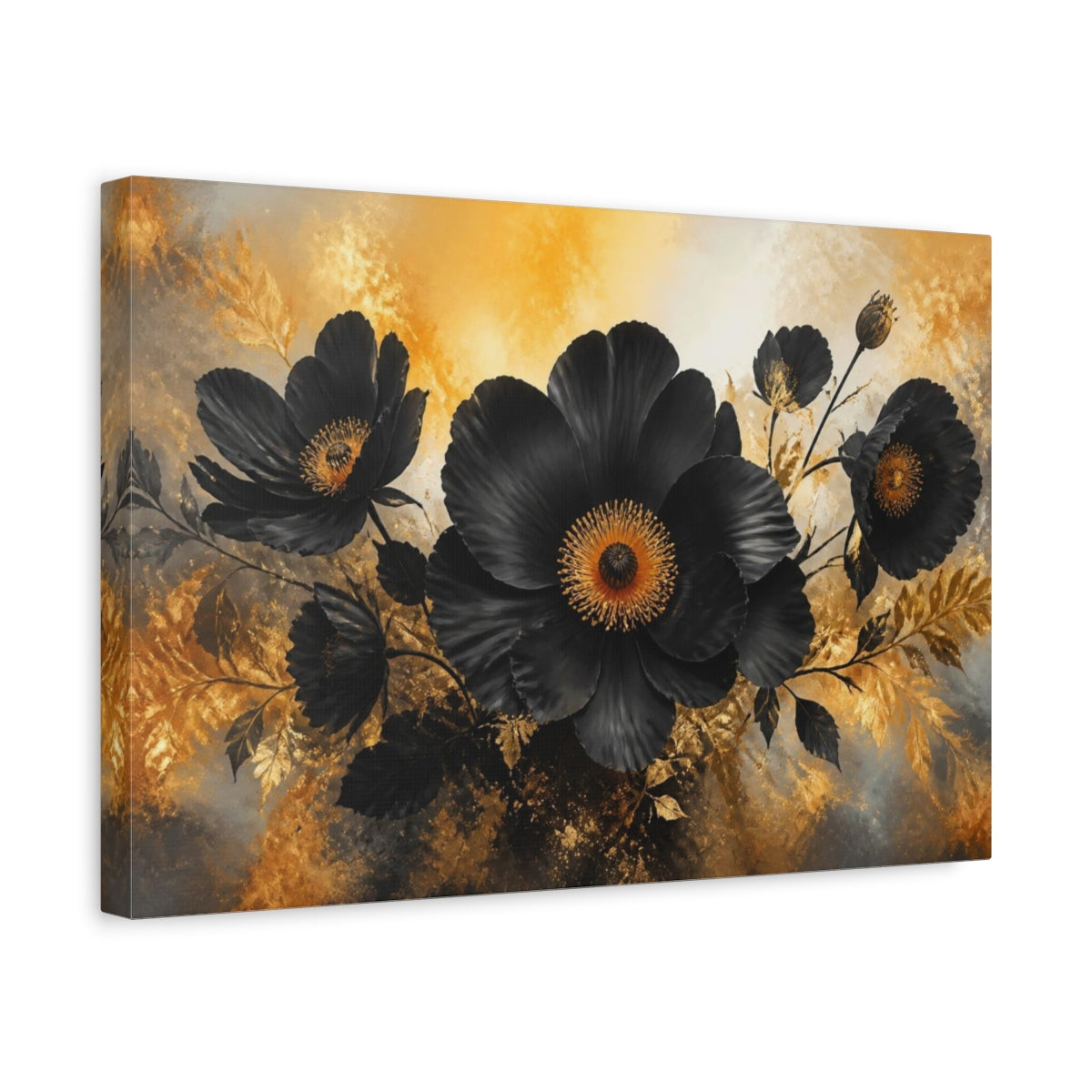 Side Mockup 4. Black Floral Bloom shown as canvas print