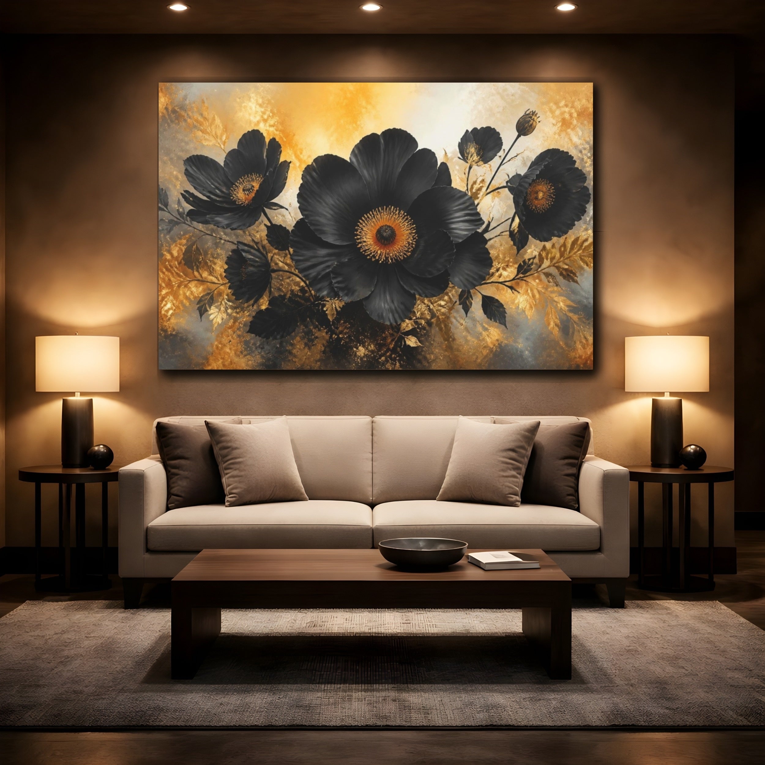 Mockup 2. Black Floral Bloom shown as canvas print