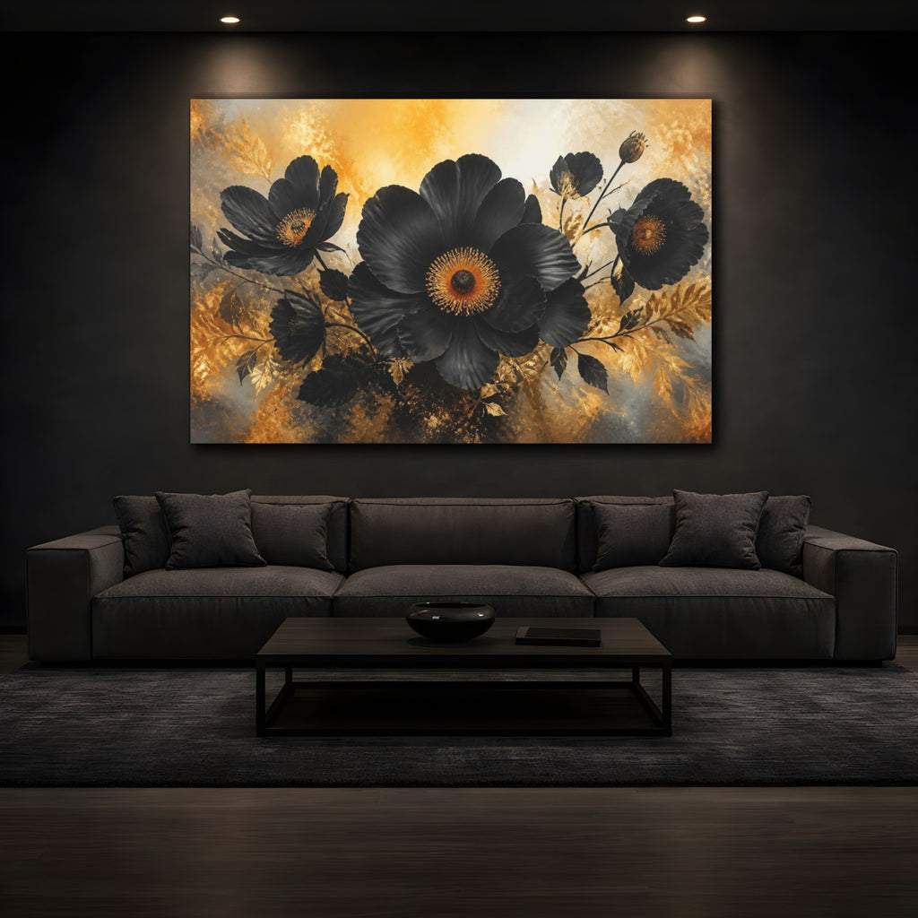 Mockup 3. Black Floral Bloom shown as canvas print