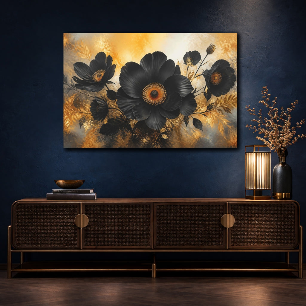 Mockup 4. Black Floral Bloom shown as canvas print