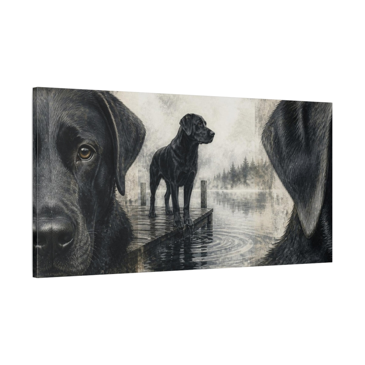 Main Mockup. Black Labrador Pets Dockside shown as canvas print