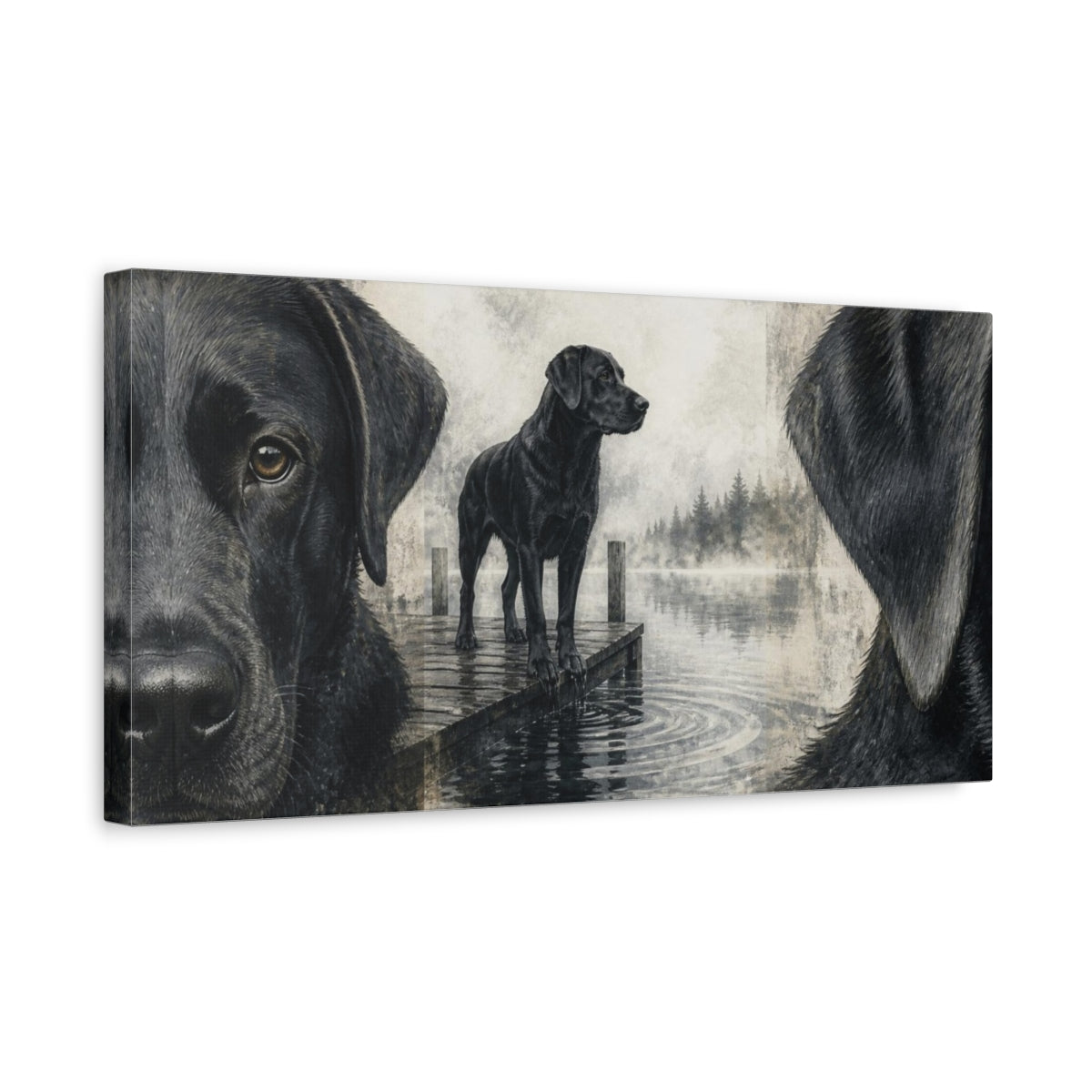 Side Mockup 3. Black Labrador Pets Dockside shown as canvas print