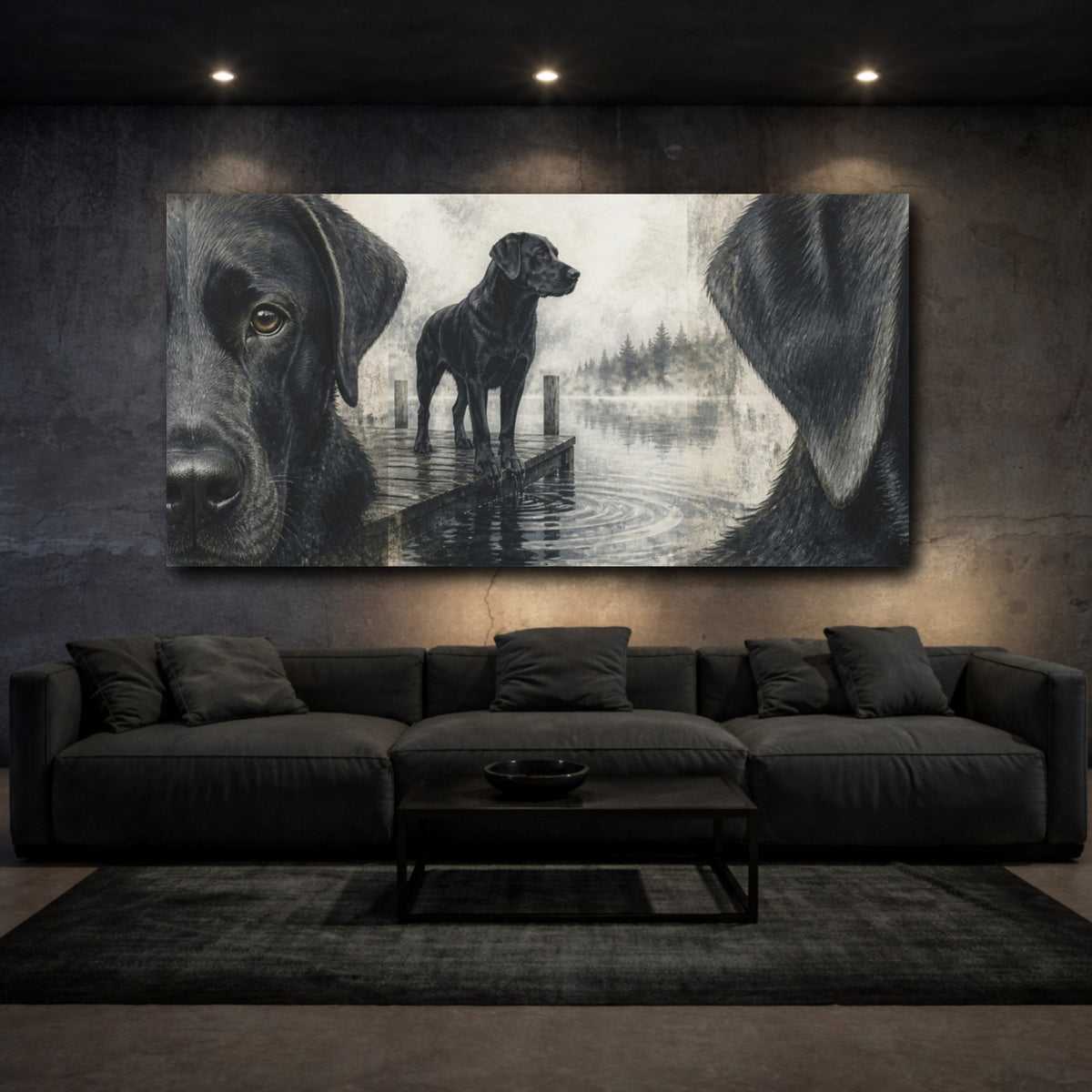 Mockup 3. Black Labrador Pets Dockside shown as canvas print