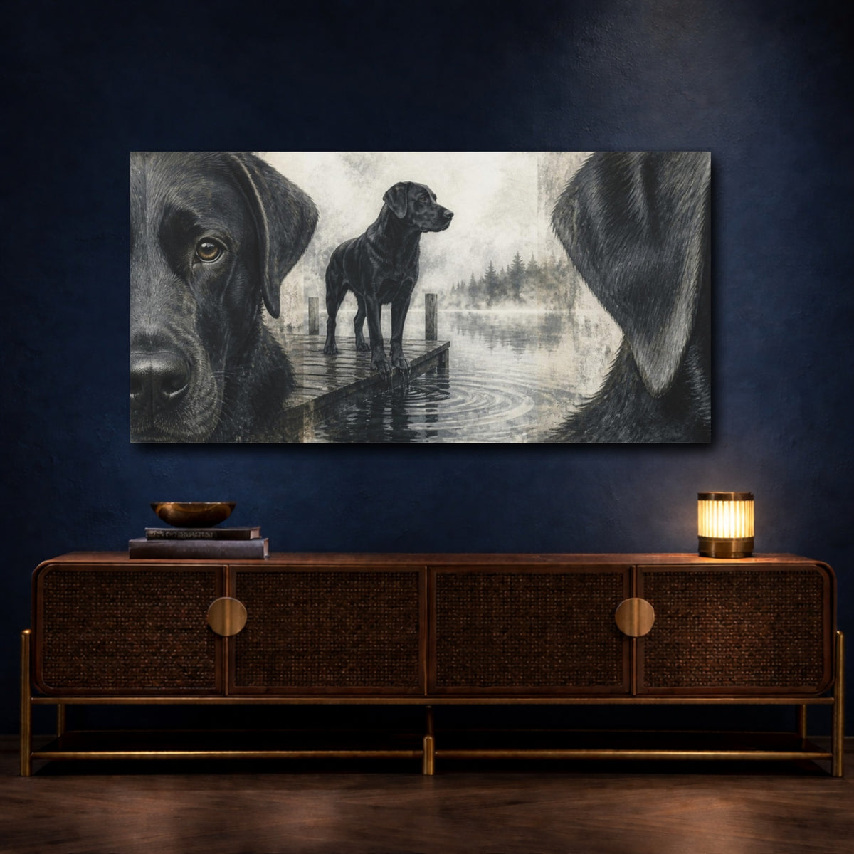 Mockup 4. Black Labrador Pets Dockside shown as canvas print