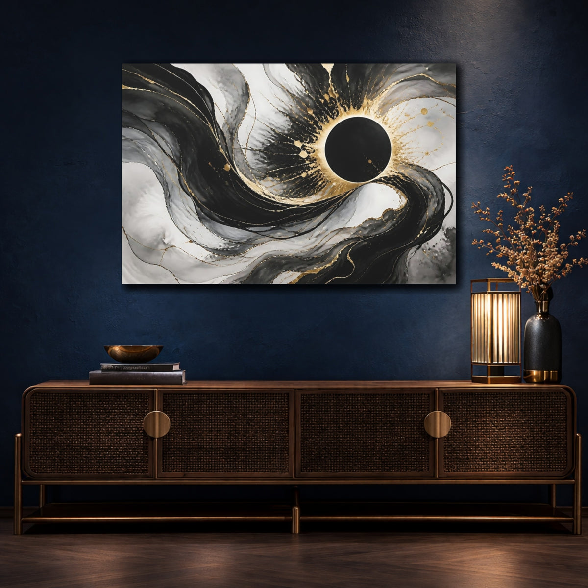 Mockup 4. Black Orb Eclipse shown as canvas print