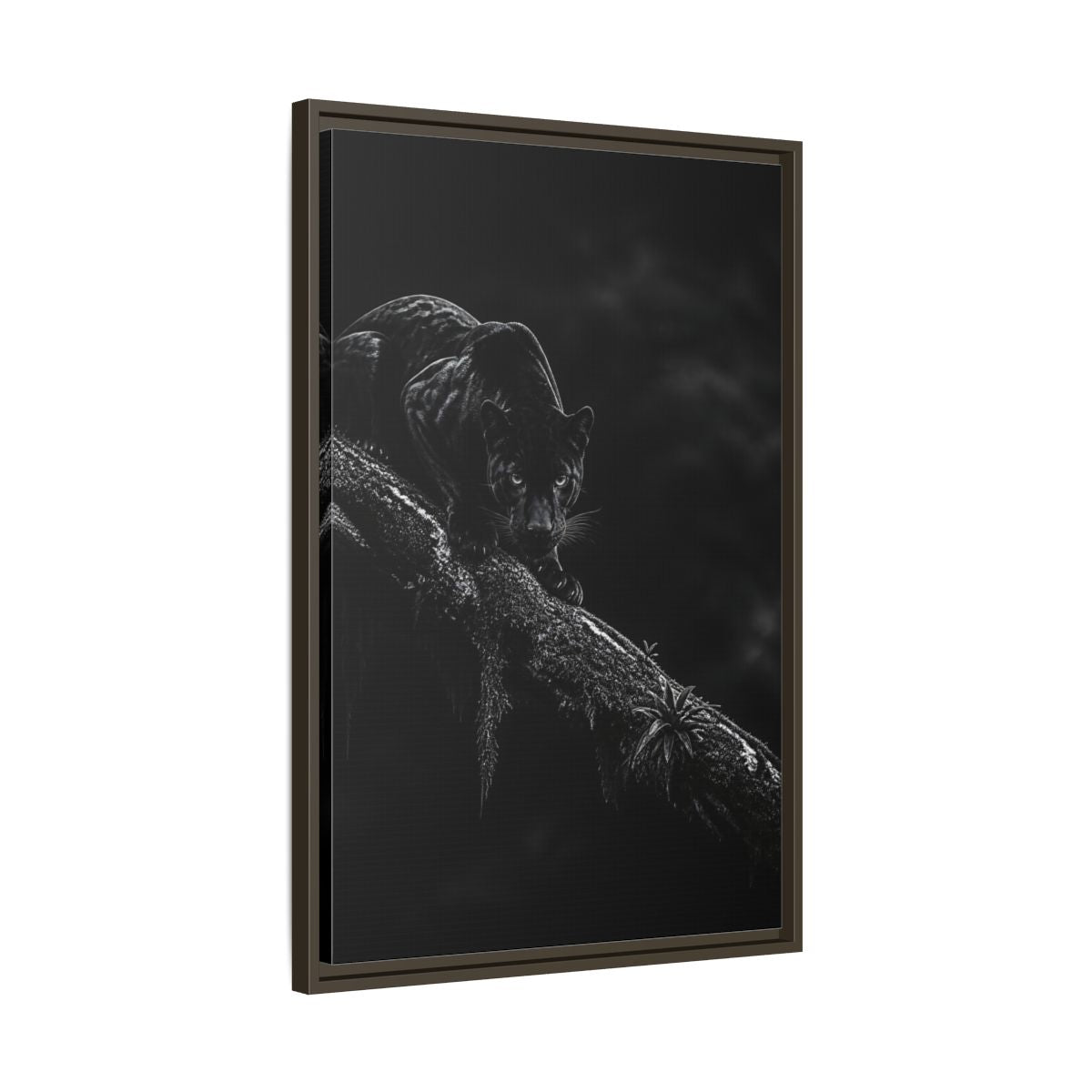 Side Mockup 11. Black Panther On Branch shown as framed canvas print