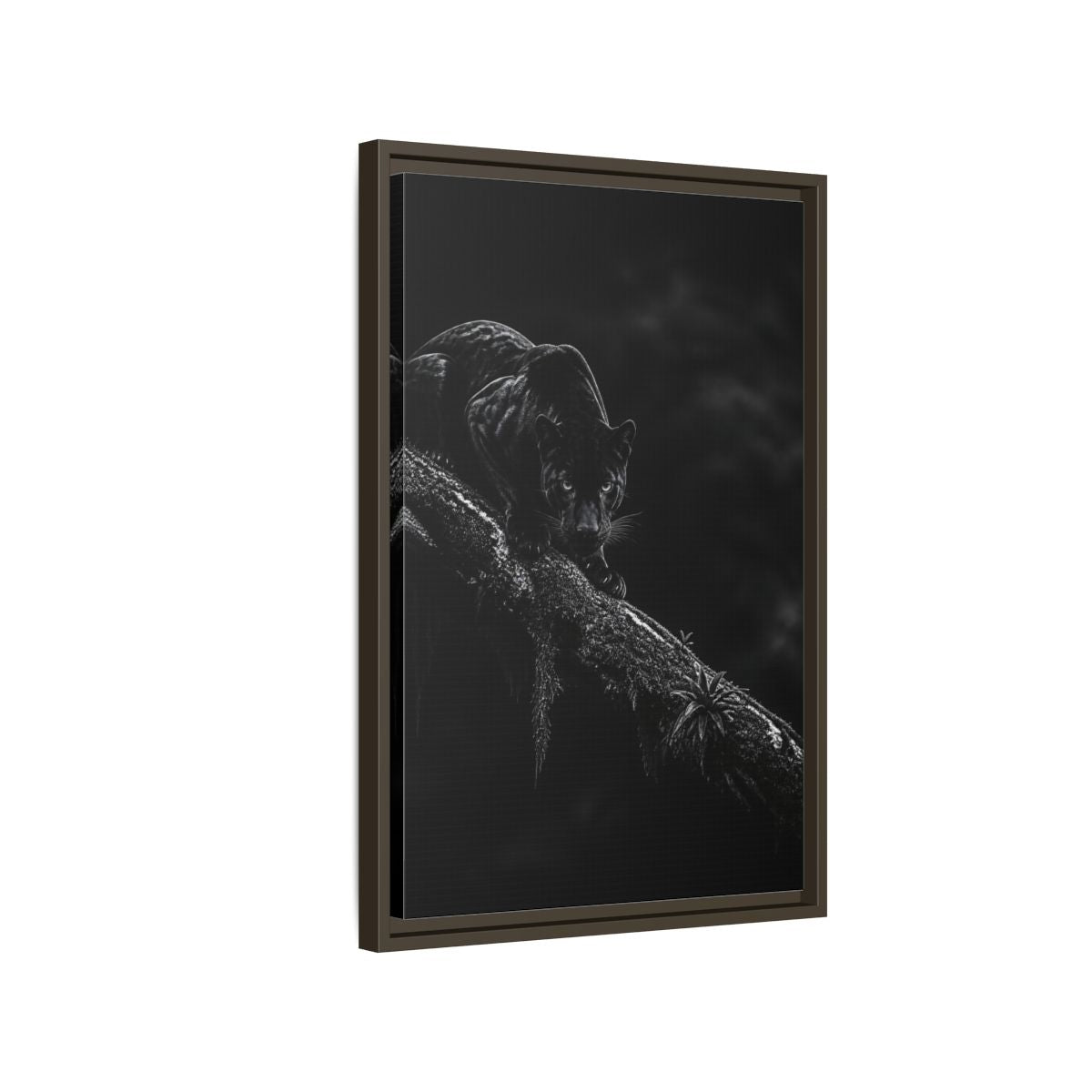 Side Mockup 2. Black Panther On Branch shown as framed canvas print