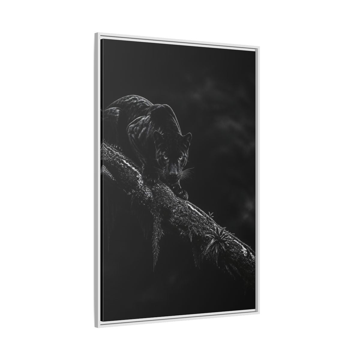 Side Mockup 7. Black Panther On Branch shown as framed canvas print
