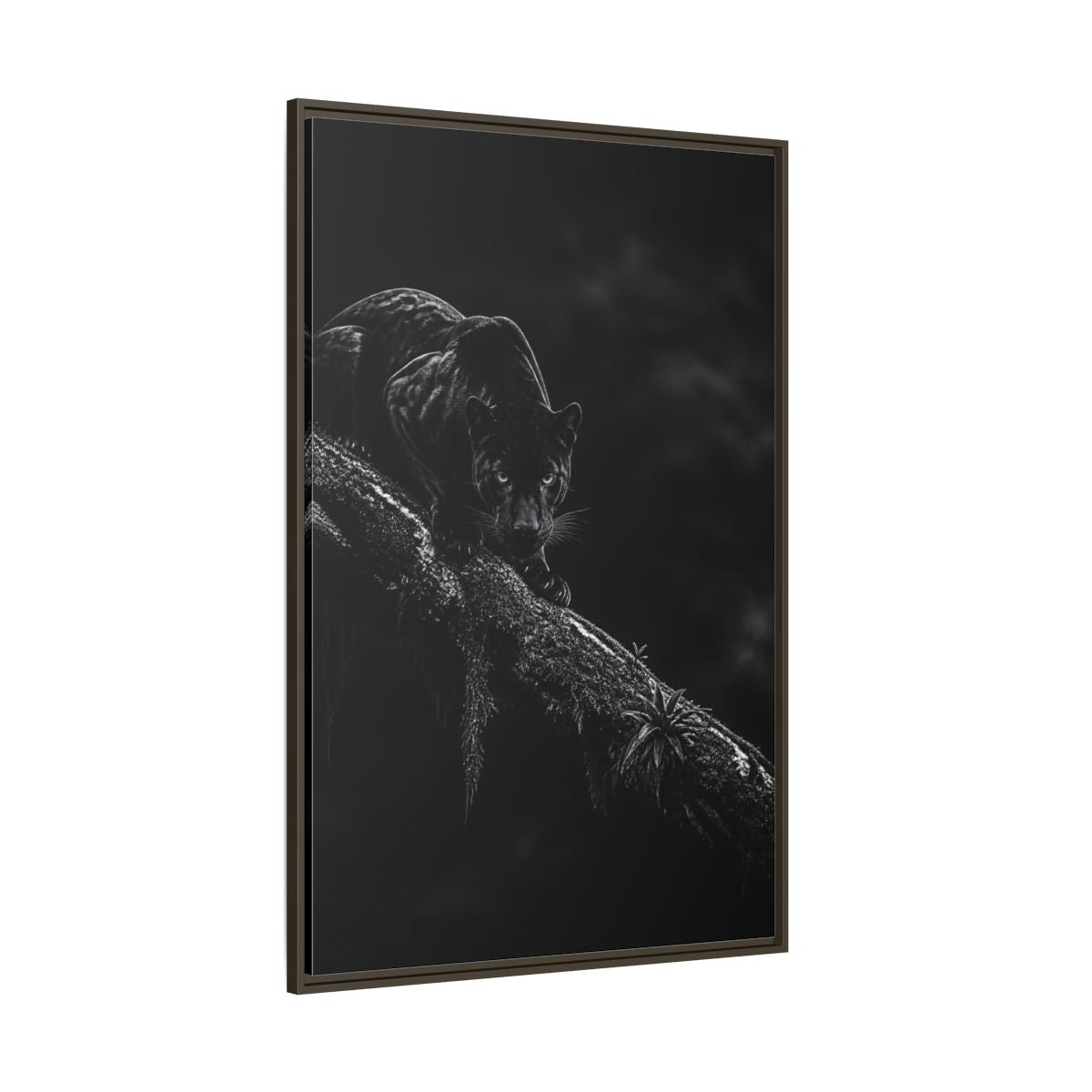 Side Mockup 8. Black Panther On Branch shown as framed canvas print